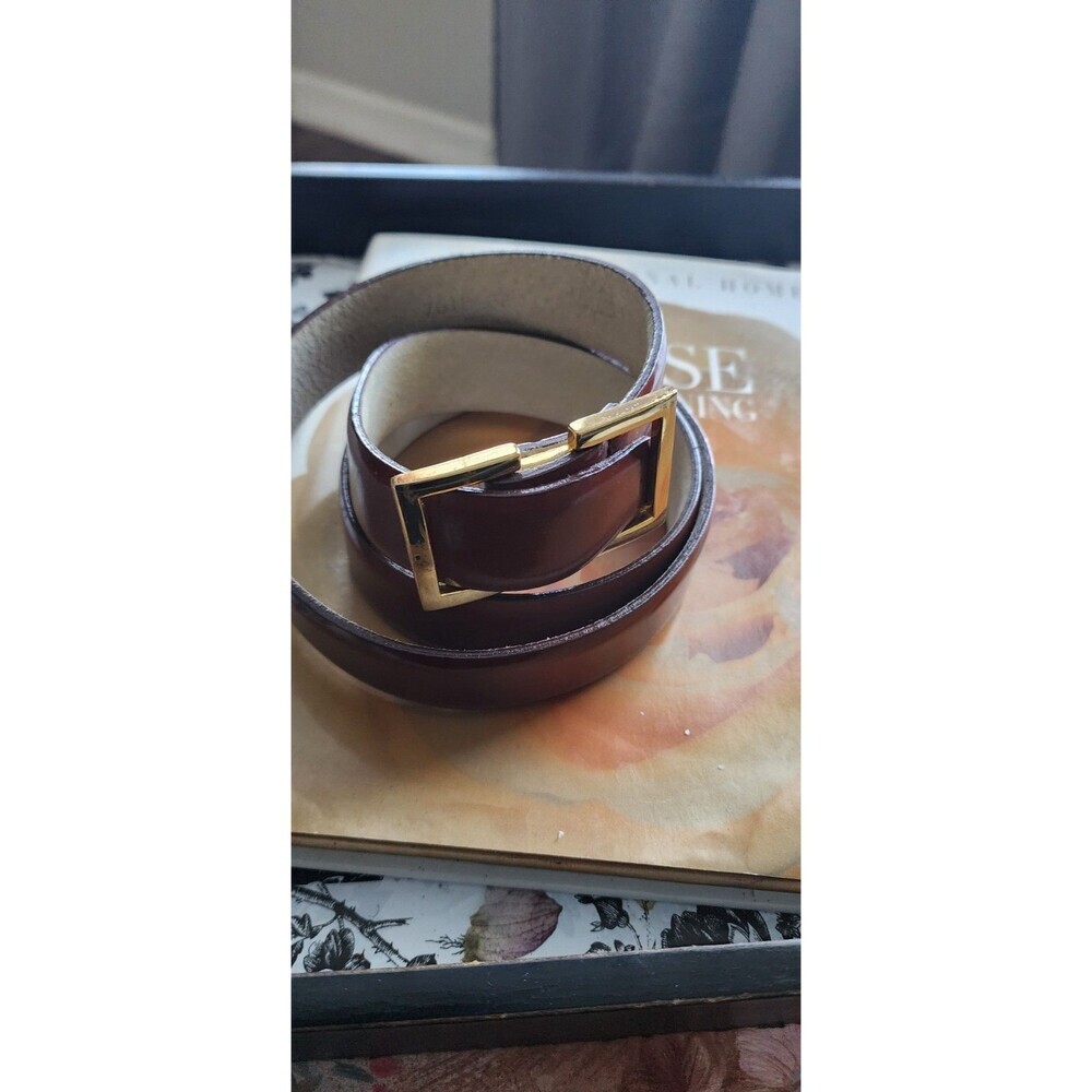 Vtg Brown Italian Leather Belt Gold Tone Buckle Women SZ L Ellen Tracy 80s Wide